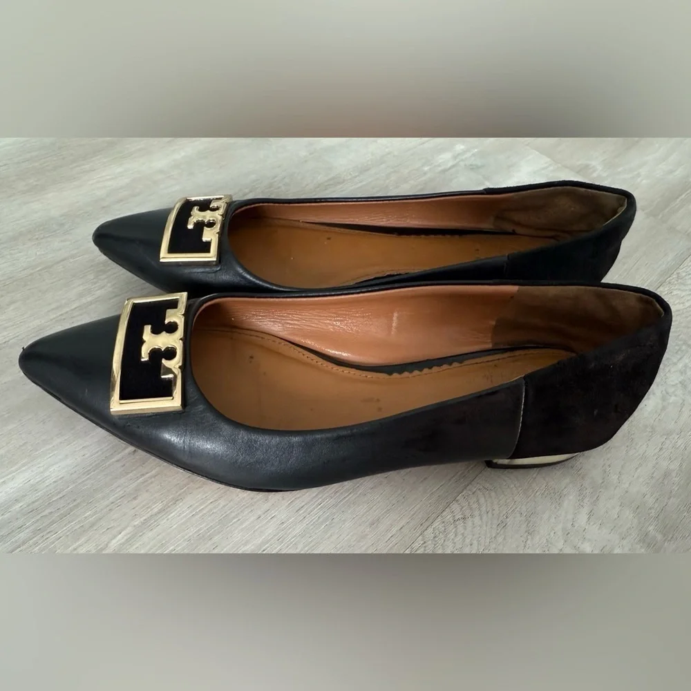 TORY BURCH Suede-trimmed Embellished Leather Point-toe Flats In Perfect Black 7